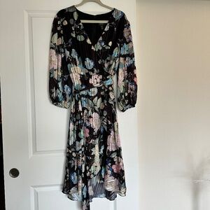 Adrianna Papell Floral Metallic Stripe Faux Wrap Dress in Black Multi | Sz 20